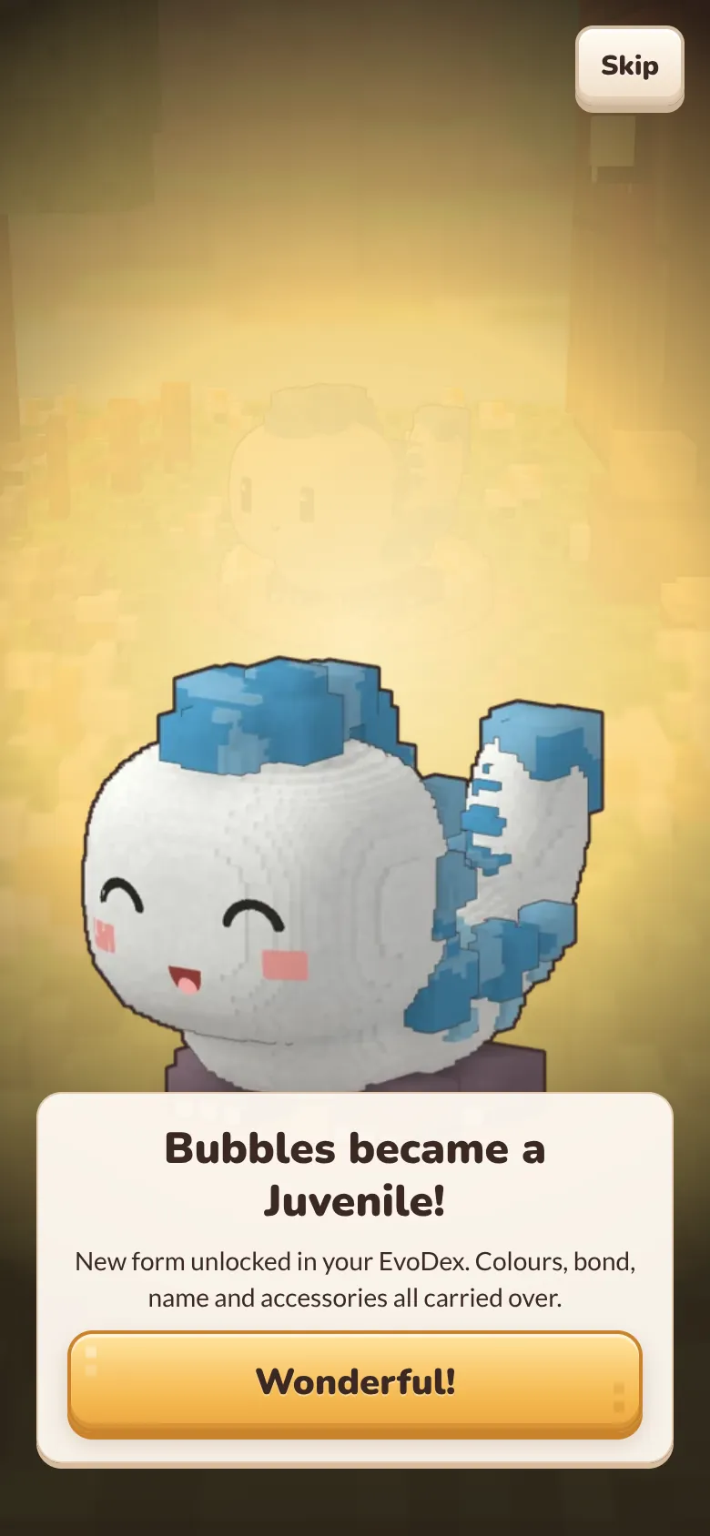 Evolution screen: Bubbles became a Juvenile