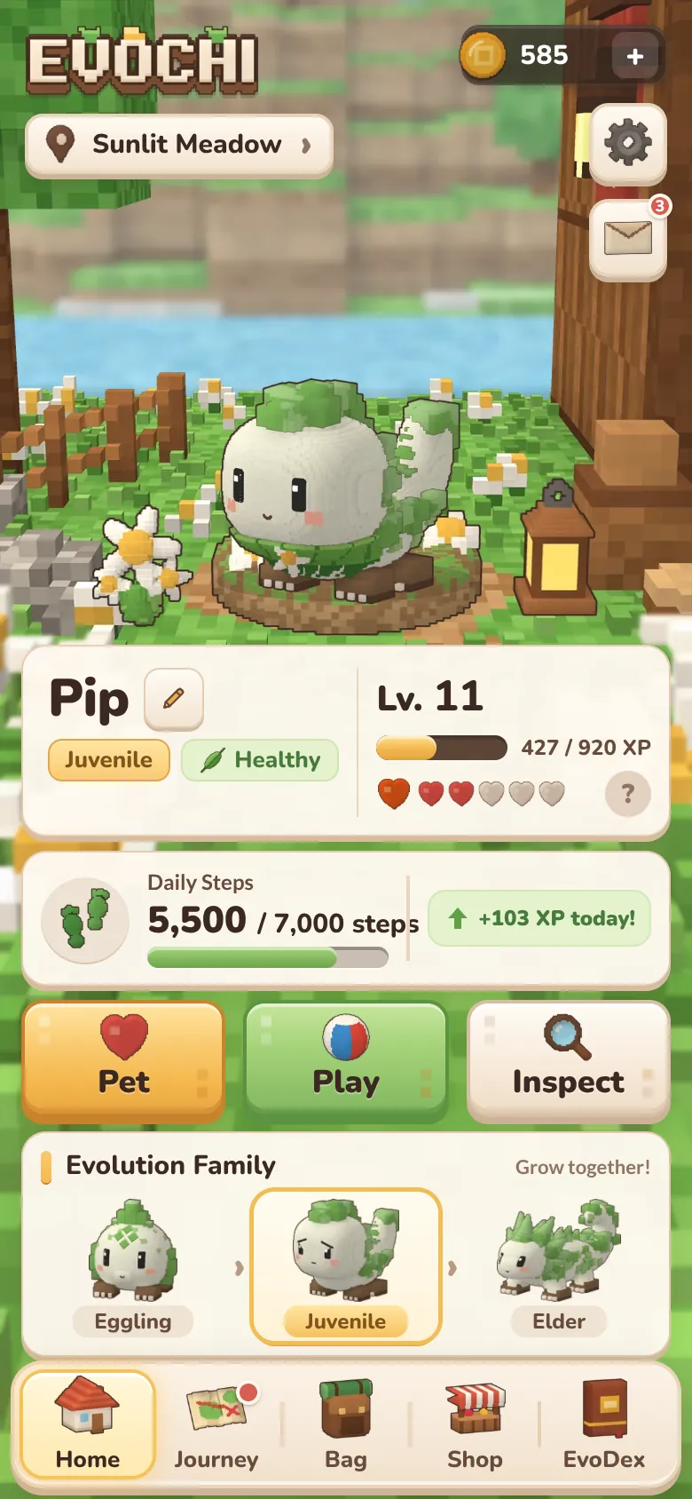 Home screen: Pip the Juvenile in its meadow nest, 5,500 of 7,000 steps today, level 11