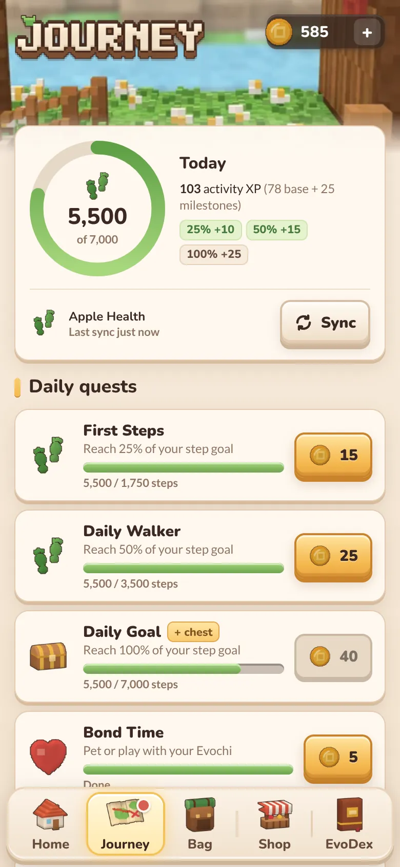 Journey screen: step ring at 5,500 of 7,000, XP earned today and daily quests