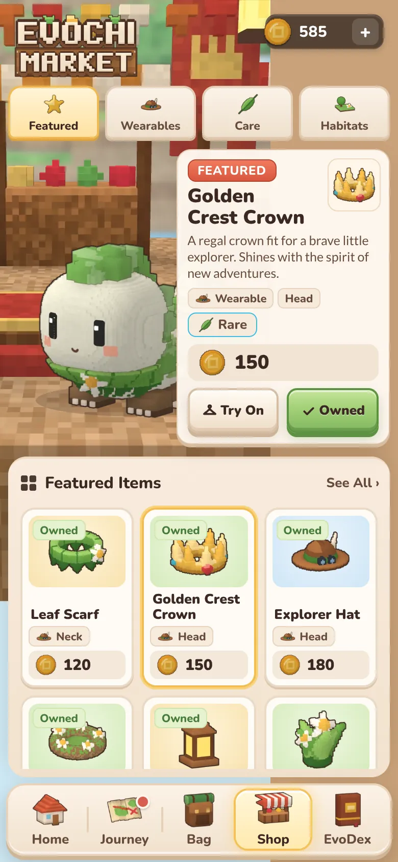 Evochi Market: the Golden Crest Crown featured for 150 EvoCoins
